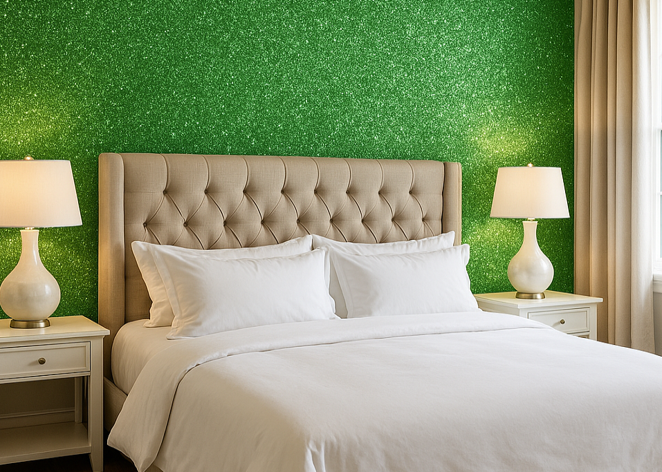 Bedroom with green wall, beige headboard, and white bedding.